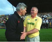 27 July 2002; Kildare manager Mick O'Dwyer, left, congratulates Kerry manager Páidí Ó Sé after the Bank of Ireland All-Ireland Football Championship Qualifier match between Kerry and Kildare at Semple Stadium in Thurles, Tipperary. Photo by Ray McManus/Sportsfile
