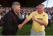 27 July 2002; Kerry manager Paidi O'Se, right, and Kildare manager Mick O'Dwyer shake hands after the game. Kerry v Kildare, Bank of Ireland All-Ireland Football Championship Qualifier, Semple Stadium, Thurles, Co. Tipperary. Picture credit; Ray McManus / SPORTSFILE