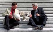 22 August 2000; In attendance at a preview press conference prior to the Bank of Ireland All Ireland Senior Football Championship semi-final in Croke Park on Sunday next are, from left, Galway manager John O'Mahony and Kildare manager Mick O'Dwyer with the Sam Maguire Cup. Photo by Ray McManus/Sportsfile