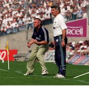 30 August 1998; Kerry manager Páidí Ó Sé, left, and Kildare manager Mick O'Dwyer urge on their respective side's during the Bank of Ireland All-Ireland Senior Football Championship Semi-Final match between Kildare and Kerry at Croke Park in Dublin. Photo by Brendan Moran/Sportsfile