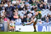 30 March 2025; Micheál Burns of Kerry kicks a point during the Allianz Football League Division 1 final match between Kerry and Mayo at Croke Park in Dublin. Photo by Shauna Clinton/Sportsfile