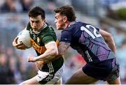 30 March 2025; Paul Murphy of Kerry is tackled by Jordan Flynn of Mayo during the Allianz Football League Division 1 final match between Kerry and Mayo at Croke Park in Dublin. Photo by Shauna Clinton/Sportsfile