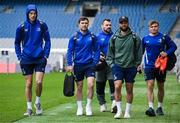3 April 2025; Leinster players, from left, Sam Prendergast, Luke McGrath, Cian Healy, Jamison Gibson-Park and Fintan Gunne before a Leinster Rugby captain's run at Croke Park in Dublin. Photo by Seb Daly/Sportsfile