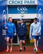 3 April 2025; Ciarán Frawley, left, assistant coach Tyler Bleyendaal, and Ross Byrne before a Leinster Rugby captain's run at Croke Park in Dublin. Photo by Seb Daly/Sportsfile
