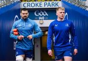 3 April 2025; Max Deegan, left, and Andrew Osborne before a Leinster Rugby captain's run at Croke Park in Dublin. Photo by Seb Daly/Sportsfile
