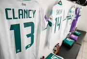 4 April 2025; The jersey of Aoibheann Clancy hangs in the Republic of Ireland dressing room before the UEFA Women's Nations League B match between Greece and Republic of Ireland at Theodoros Vardinogiannis Stadium in Heraklion, Crete, Greece. Photo by Stephen McCarthy/Sportsfile