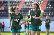 4 April 2025; Aoibheann Clancy, right, and Leanne Kiernan of Republic of Ireland before the UEFA Women's Nations League B match between Greece and Republic of Ireland at Theodoros Vardinogiannis Stadium in Heraklion, Crete, Greece. Photo by Stephen McCarthy/Sportsfile