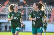 4 April 2025; Aoibheann Clancy, right, and Leanne Kiernan of Republic of Ireland before the UEFA Women's Nations League B match between Greece and Republic of Ireland at Theodoros Vardinogiannis Stadium in Heraklion, Crete, Greece. Photo by Stephen McCarthy/Sportsfile