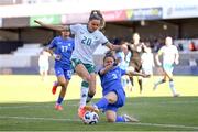4 April 2025; Leanne Kiernan of Republic of Ireland is tackled by Maria Mitkou of Greece during the UEFA Women's Nations League B match between Greece and Republic of Ireland at Theodoros Vardinogiannis Stadium in Heraklion, Crete, Greece. Photo by Stephen McCarthy/Sportsfile