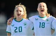 4 April 2025; Republic of Ireland players Leanne Kiernan, left, and Kyra Carusa during the playing of Amhrán na bhFiann before the UEFA Women's Nations League B match between Greece and Republic of Ireland at Theodoros Vardinogiannis Stadium in Heraklion, Crete, Greece. Photo by Stephen McCarthy/Sportsfile