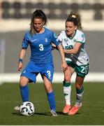 4 April 2025; Maria Mitkou of Greece in action against Leanne Kiernan of Republic of Ireland during the UEFA Women's Nations League B match between Greece and Republic of Ireland at Theodoros Vardinogiannis Stadium in Heraklion, Crete, Greece. Photo by Stephen McCarthy/Sportsfile