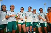 4 April 2025; Katie McCabe of Republic of Ireland, second from left, speaks to her teammates, including, from left, Kyra Carusa, Ruesha Littlejohn, Anna Patten, Denise O’Sullivan, Jessie Stapleton and Leanne Kiernan after the UEFA Women's Nations League B match between Greece and Republic of Ireland at Theodoros Vardinogiannis Stadium in Heraklion, Crete, Greece. Photo by Stephen McCarthy/Sportsfile
