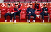 4 April 2025; Shelbourne players, from left, Ryan O'Kane, Lewis Temple, JJ Lunney, Kameron Ledwidge, Mark Coyle and Lorcan Healy before the SSE Airtricity Men's Premier Division match between St Patrick's Athletic and Shelbourne at Richmond Park in Dublin. Photo by Seb Daly/Sportsfile