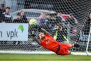 4 April 2025; Kerry goalkeeper Tim-Oliver Heimer saves a penalty from Lee Devitt of Treaty United during the SSE Airtricity Men's First Division match between Treaty United and Kerry FC at Markets Field in Limerick. Photo by Michael P Ryan/Sportsfile