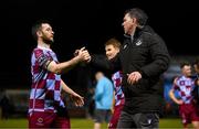 4 April 2025; Drogheda United manager Kevin Doherty, right, celebrates with Ryan Brennan of Drogheda United after the SSE Airtricity Men's Premier Division match between Drogheda United and Waterford at Sullivan & Lambe Park in Drogheda, Louth. Photo by Ben McShane/Sportsfile