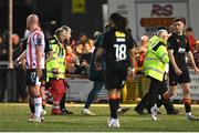 4 April 2025; Ruairí Keating of Cork City is stretchered off during the SSE Airtricity Men's Premier Division match between Derry City and Cork City at The Ryan McBride Brandywell Stadium in Derry. Photo by David Fitzgerald/Sportsfile