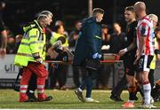 4 April 2025; Ruairí Keating of Cork City is stretchered off during the SSE Airtricity Men's Premier Division match between Derry City and Cork City at The Ryan McBride Brandywell Stadium in Derry. Photo by David Fitzgerald/Sportsfile