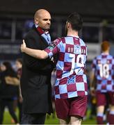 4 April 2025; Drogheda United co-chairman Benjamin Boycott, left, celebrates with Ryan Brennan of Drogheda United after the SSE Airtricity Men's Premier Division match between Drogheda United and Waterford at Sullivan & Lambe Park in Drogheda, Louth. Photo by Ben McShane/Sportsfile