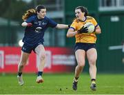 13 March 2025; Niamh McCorry of DCU Dóchas Éireann in action against Brenna O'Neill of TUD CC1 during the 2025 AIG Moynihan Cup final match between TUD CC1 and DCU Dóchas Éireann at Queen's Sport in Belfast. Photo by Shauna Clinton/Sportsfile
