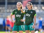 4 April 2025; Abbie Larkin, right, and Aoibheann Clancy of Republic of Ireland before the UEFA Women's Nations League B match between Greece and Republic of Ireland at Theodoros Vardinogiannis Stadium in Heraklion, Crete, Greece. Photo by Stephen McCarthy/Sportsfile