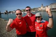 5 April 2025; Munster supporters Finbar O'Donovan and Harry O'Donovan, from Cork city, and John O'Connor, from Lismore, Waterford, before the Investec Champions Cup Round of 16 match between La Rochelle and Munster in La Rochelle, France. Photo by Ramsey Cardy/Sportsfile
