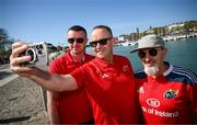 5 April 2025; Munster supporters Harry O'Donovan and Finbar O'Donovan, from Cork city, and John O'Connor, from Lismore, Waterford, before the Investec Champions Cup Round of 16 match between La Rochelle and Munster at Stade Marcel Deflandre in La Rochelle, France. Photo by Ramsey Cardy/Sportsfile