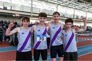 5 April 2025; The under-19 boys relay team from Dundrum South Dublin A.C. that won the 4x200m from left Daniel Martin, Andrew Hayes, Daniel Conway and Ethan Hempenstall during day three of the 123.ie National Indoor Juvenile Championships at the TUS Indoor Arena in Athlone, Westmeath.  Photo by Matt Browne/Sportsfile