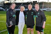4 April 2025; Republic of Ireland coaches, from left, goalkeeping coach Emma Byrne, head coach Carla Ward, assistant coach Hannah Dingley and assistant head coach Alan Mahon after the UEFA Women's Nations League B match between Greece and Republic of Ireland at Theodoros Vardinogiannis Stadium in Heraklion, Crete, Greece. Photo by Stephen McCarthy/Sportsfile