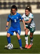 4 April 2025; Maria Mitkou of Greece in action against Leanne Kiernan of Republic of Ireland during the UEFA Women's Nations League B match between Greece and Republic of Ireland at Theodoros Vardinogiannis Stadium in Heraklion, Crete, Greece. Photo by Stephen McCarthy/Sportsfile