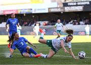 4 April 2025; Leanne Kiernan of Republic of Ireland in action against Maria Mitkou of Greece during the UEFA Women's Nations League B match between Greece and Republic of Ireland at Theodoros Vardinogiannis Stadium in Heraklion, Crete, Greece. Photo by Stephen McCarthy/Sportsfile