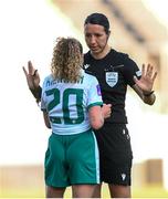 4 April 2025; Referee Jelena Pejkovi speaks to Leanne Kiernan of Republic of Ireland during the UEFA Women's Nations League B match between Greece and Republic of Ireland at Theodoros Vardinogiannis Stadium in Heraklion, Crete, Greece. Photo by Stephen McCarthy/Sportsfile