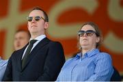 4 April 2025; FAI chief executive officer David Courell and FAI chief operating officer Christina Kenny before the UEFA Women's Nations League B match between Greece and Republic of Ireland at Theodoros Vardinogiannis Stadium in Heraklion, Crete, Greece. Photo by Stephen McCarthy/Sportsfile