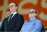 4 April 2025; FAI chief operating officer Christina Kenny and FAI chief executive officer David Courell during the UEFA Women's Nations League B match between Greece and Republic of Ireland at Theodoros Vardinogiannis Stadium in Heraklion, Crete, Greece. Photo by Stephen McCarthy/Sportsfile