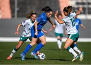 4 April 2025; Maria Gkouni Papaioannou of Greece in action against Leanne Kiernan, left, and Kyra Carusa of Republic of Ireland during the UEFA Women's Nations League B match between Greece and Republic of Ireland at Theodoros Vardinogiannis Stadium in Heraklion, Crete, Greece. Photo by Stephen McCarthy/Sportsfile