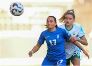 4 April 2025; Athanasia Moraitou of Greece in action against Leanne Kiernan of Republic of Ireland during the UEFA Women's Nations League B match between Greece and Republic of Ireland at Theodoros Vardinogiannis Stadium in Heraklion, Crete, Greece. Photo by Stephen McCarthy/Sportsfile