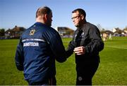 5 April 2025; London manager Michael Maher, right, and Roscommon manager Davy Burke shake hands after the Connacht GAA Football Senior Championship quarter-final match between London and Roscommon at McGovern Park in Ruislip, England. Photo by Ben McShane/Sportsfile