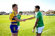5 April 2025; Enda Smith of Roscommon and Joshua Obahor of London after the Connacht GAA Football Senior Championship quarter-final match between London and Roscommon at McGovern Park in Ruislip, England. Photo by Ben McShane/Sportsfile