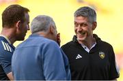 5 April 2025; La Rochelle head coach Ronan O'Gara, right, in conversation with Munster attack coach Mike Prendergast before the Investec Champions Cup Round of 16 match between La Rochelle and Munster at Stade Marcel Deflandre in La Rochelle, France. Photo by Ramsey Cardy/Sportsfile