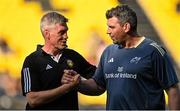 5 April 2025; La Rochelle head coach Ronan O'Gara, left, and Munster defence coach Denis Leamy before the Investec Champions Cup Round of 16 match between La Rochelle and Munster at Stade Marcel Deflandre in La Rochelle, France. Photo by Ramsey Cardy/Sportsfile