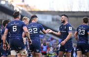 5 April 2025; Ross Byrne of Leinster celebrates after scoring his side's eighth try with teammate  Robbie Henshaw during the Investec Champions Cup Round of 16 match between Leinster and Harlequins at Croke Park in Dublin. Photo by Sam Barnes/Sportsfile