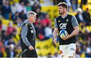 5 April 2025; La Rochelle head coach Ronan O'Gara ànd Grégory Alldritt of La Rochelle before the Investec Champions Cup Round of 16 match between La Rochelle and Munster at Stade Marcel Deflandre in La Rochelle, France. Photo by Ramsey Cardy/Sportsfile