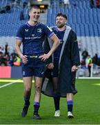 5 April 2025; Sam Prendergast, left, and Hugo Keenan of Leinster after the Investec Champions Cup Round of 16 match between Leinster and Harlequins at Croke Park in Dublin. Photo by Brendan Moran/Sportsfile