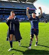 5 April 2025; Hugo Keenan, left, and Andrew Porter of Leinster after the Investec Champions Cup Round of 16 match between Leinster and Harlequins at Croke Park in Dublin. Photo by Brendan Moran/Sportsfile