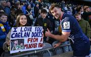5 April 2025; Caelan Doris of Leinster with supporter Chloe Johnston, from Cork, after the Investec Champions Cup Round of 16 match between Leinster and Harlequins at Croke Park in Dublin. Photo by Brendan Moran/Sportsfile