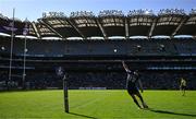 5 April 2025; Ross Byrne of Leinster kicks a conversion during the Investec Champions Cup Round of 16 match between Leinster and Harlequins at Croke Park in Dublin. Photo by Brendan Moran/Sportsfile