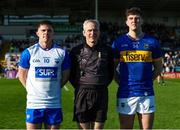 5 April 2025; Pictured from left, Waterford captain Conor Murray, referee Fergal Kelly and Tipperary captain Stephen O'Brien prior to the Munster GAA Football Senior Championship quarter-final match between Tipperary and Waterford at FBD Semple Stadium in Thurles, Tipperary. Photo by David Ribeiro/Sportsfile