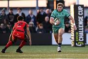5 April 2025; Hugh Gavin of Connacht in action against Ben Thomas of Cardiff Rugby during the EPCR Challenge Cup Round of 16 match between Connacht and Cardiff Rugby at Dexcom Stadium in Galway. Photo by Piaras Ó Mídheach/Sportsfile