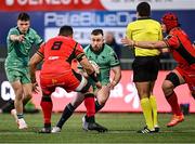 5 April 2025; JJ Hanrahan of Connacht in action against Taulupe Faletau of Cardiff Rugby during the EPCR Challenge Cup Round of 16 match between Connacht and Cardiff Rugby at Dexcom Stadium in Galway. Photo by Piaras Ó Mídheach/Sportsfile