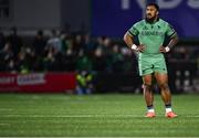 5 April 2025; Bundee Aki of Connacht during the EPCR Challenge Cup Round of 16 match between Connacht and Cardiff Rugby at Dexcom Stadium in Galway. Photo by Piaras Ó Mídheach/Sportsfile
