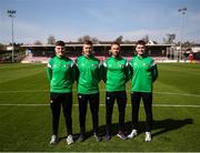5 April 2025; Referee Shane O'Donoghue, second from left, with his assistants, from left, Oisin Walsh, Patrick Roche, and Eoghan McAuliffe during the FAI Under 17 Cup final match between Midleton FC and Belvedere FC at Turners Cross Stadium in Cork. Photo by Michael P Ryan/Sportsfile